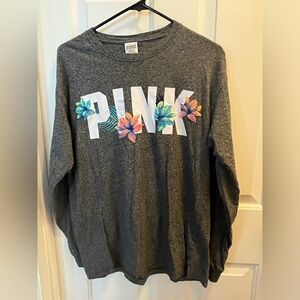 PINK Long-sleeved Graphic Tee - Heathered Charcoal Gray - Sz Medium